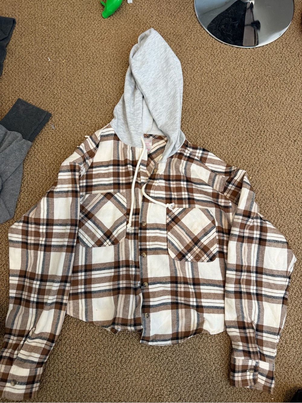 Brown & Cream Plaid Hooded Button-Up Shirt Jacket